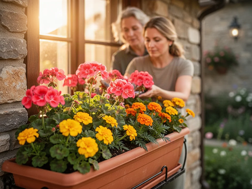 Kobieta pielęgnująca pelargonie i aksamitki w terakotowej skrzynce na słonecznym parapecie zewnętrznym.