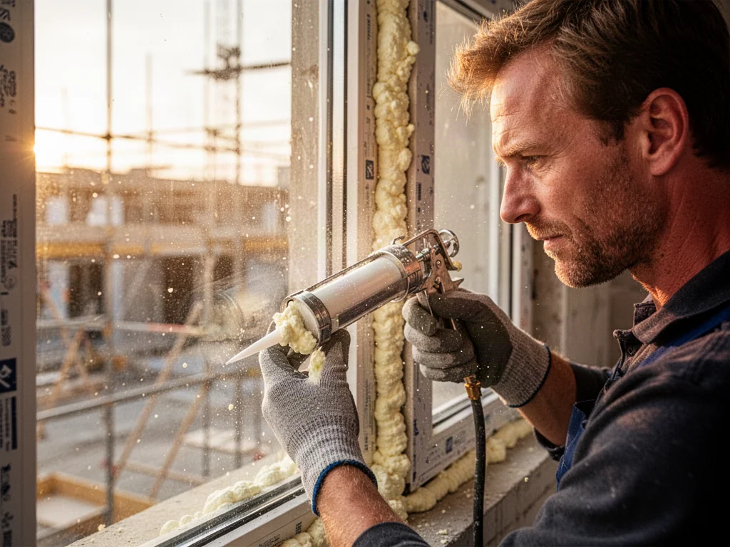 Pracownik precyzyjnie aplikuje piankę termoizolacyjną wokół ramy okiennej, wykonując ciepły montaż okna.
